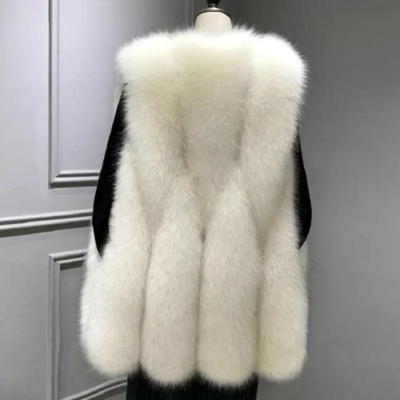 2023 Autumn Winter New Women Faux Fox Fur Coat Mid-Length Waistcoat Fashion Vest Female Casual Keep Warm Temperament Outwear