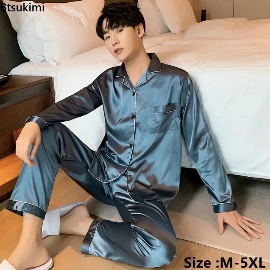 Men's Casual Pajamas Sets Oversized Silk Mens Pajama Pants Sets Satin Long Sleeve Sleepwear Home Pijama Night Wear Loungewear pajamas set silk pajamas man pajamas set satin pajama set