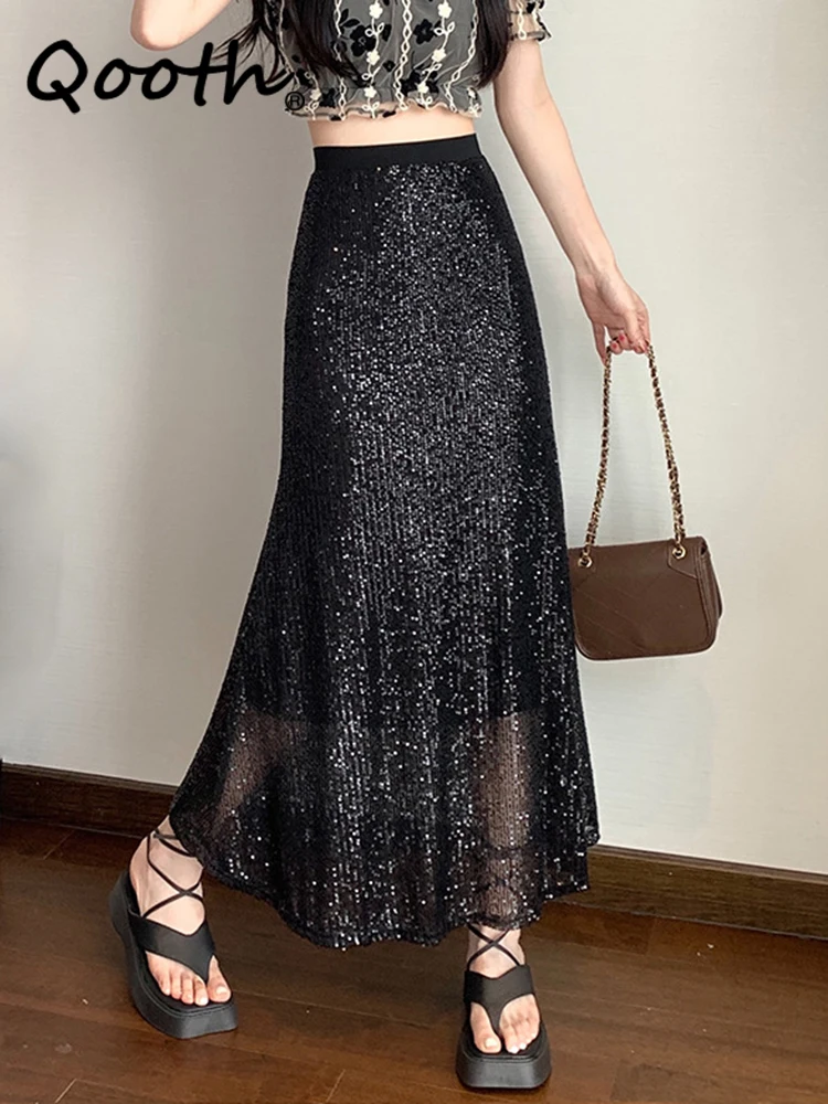 Qooth Skirts Women Korean Style Sequin Skirt Pencil Skirt Vintage