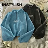 Women Stand Neck Fleece Cropped Hoodies Autumn Letter Embroidery Long Sleeve Drawstring Sweatshirt Elegant Plush Velvet Tops 4