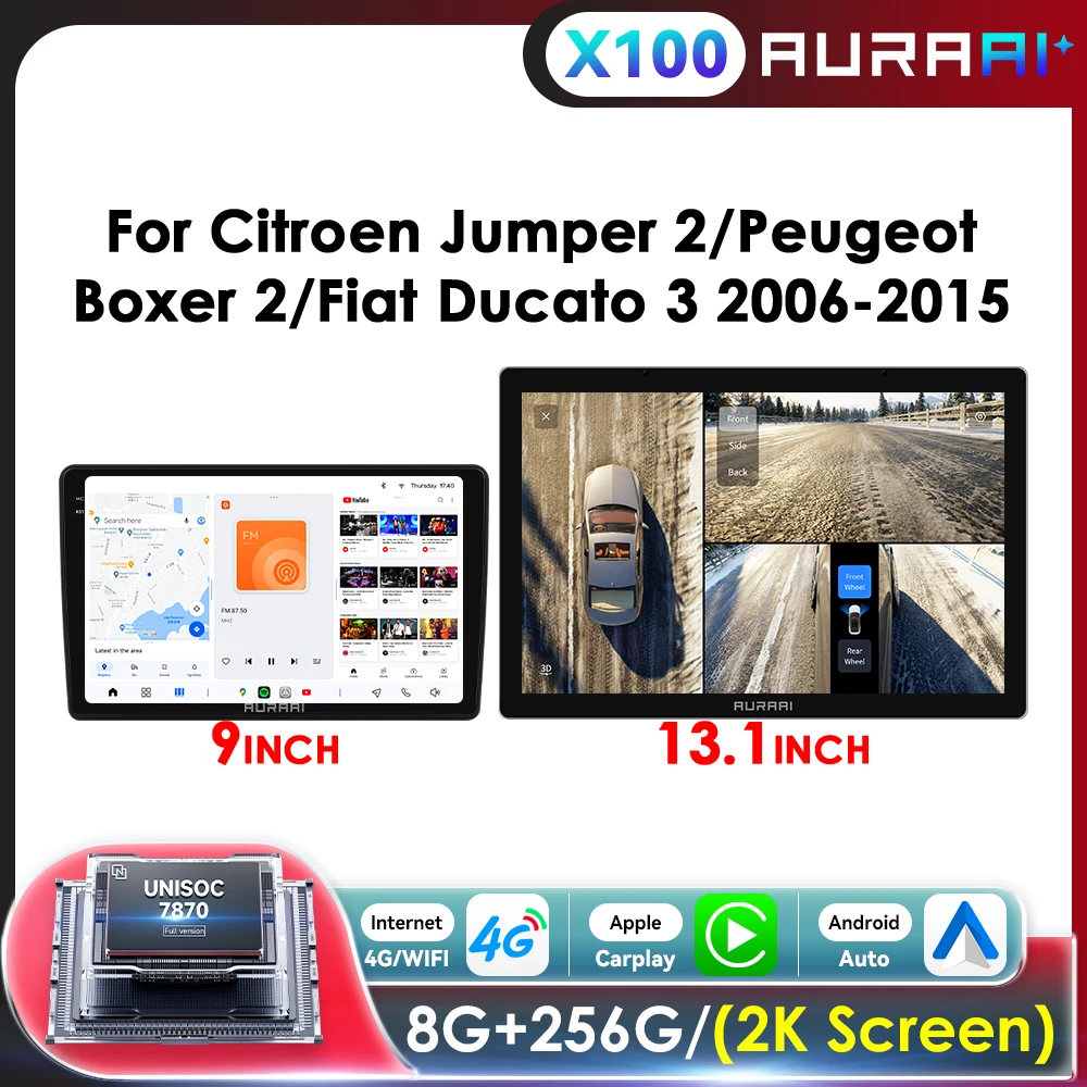 AURAAI 2K Android Autoradio für Fiat Ducato 3 Citroen Jumper Peugeot Boxer 2 2006-2022 Player ADAS 360 Kamera CarPlay Car Audio