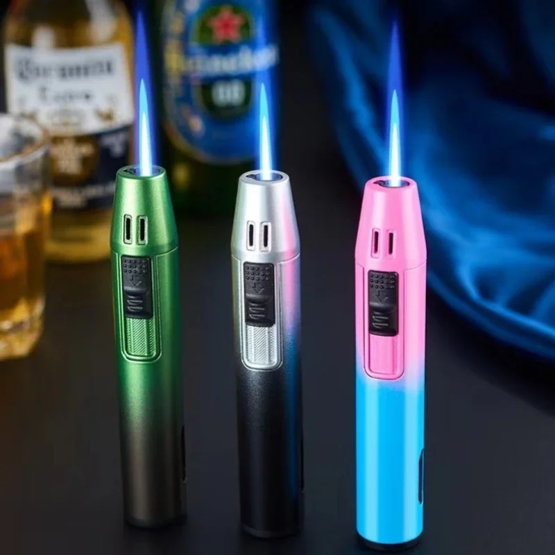 

New Metal Lighter Spray Gun Inflatable Windproof Butane Gas Mini Lighter Adjustable Straight Shot Blue Flame Cigarette Tools2024