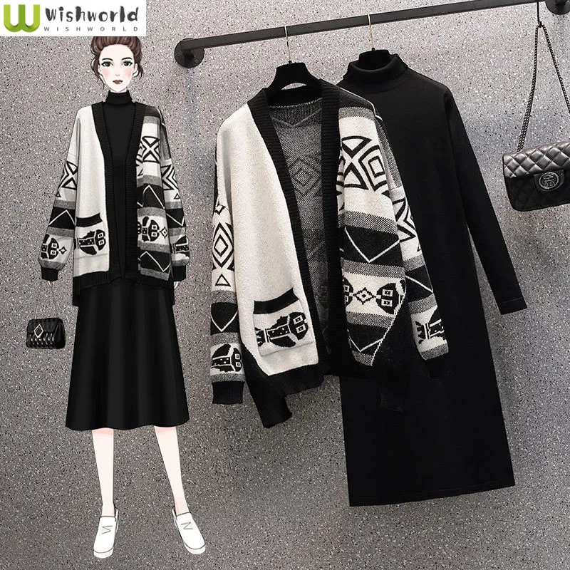 

Autumn and Winter Suit Women 2022 New Korean Fashion Slim Sweater Cardigan Coat Knitted Dress Elegant Women's Two Piece Set