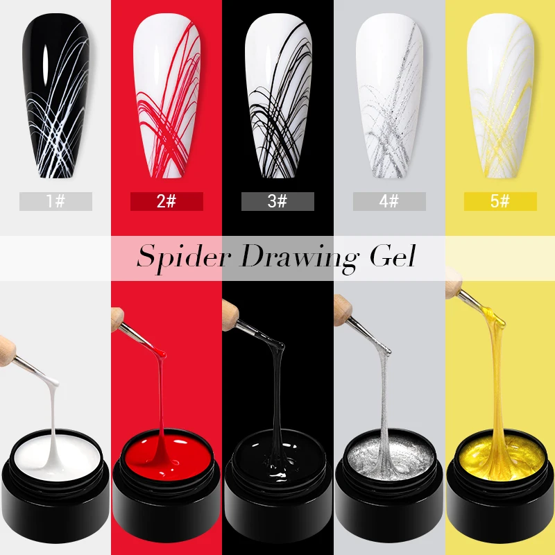 MEET ACROSS 5ml Silver Gold Spider Drawing Gel Nail Polish Spider Wire Drawing Painting Liner Nail Art Gel Varnish DIY Manicure 6