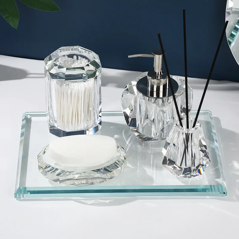 เครื่องจ่ายสบู่แก้วใส, กล่องเก็บของ, ขวดอโรมา, เครื่องจ่ายแชมพู, อุปกรณ์ตกแต่งห้องน้ํา, ถาด 1