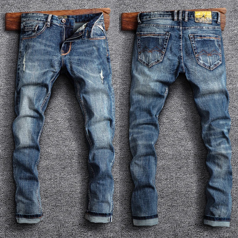 Italian Style Fashion Men Jeans Retro Blue Elastic Slim Fit Ripped Jeans Men Trousers Vintage Designer Casual Denim Pants Hombre