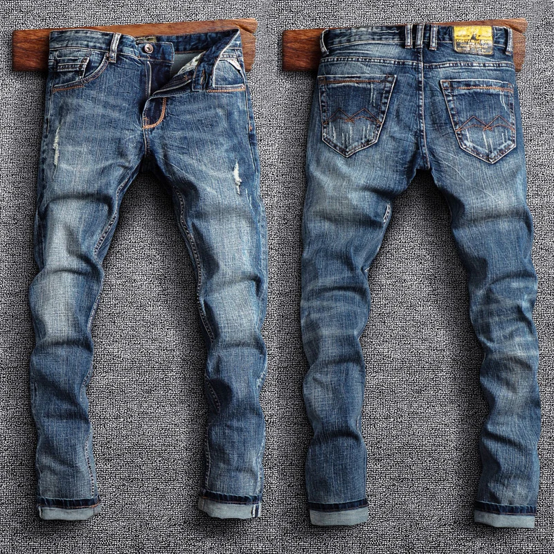 italian style fashion men jeans retro distressed elastic slim fit ripped jeans men scratch vintage designer casual denim pants Italian Style Fashion Men Jeans Retro Blue Elastic Slim Fit Ripped Jeans Men Trousers Vintage Designer Casual Denim Pants Hombre