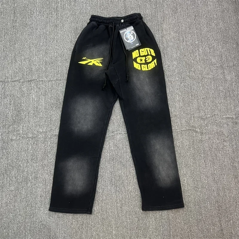 

24ss HELLSTAR No Guts No Glory Pants For Men Women 1:1 Top Quality Black Washed Oversized Jogging Sweatpants