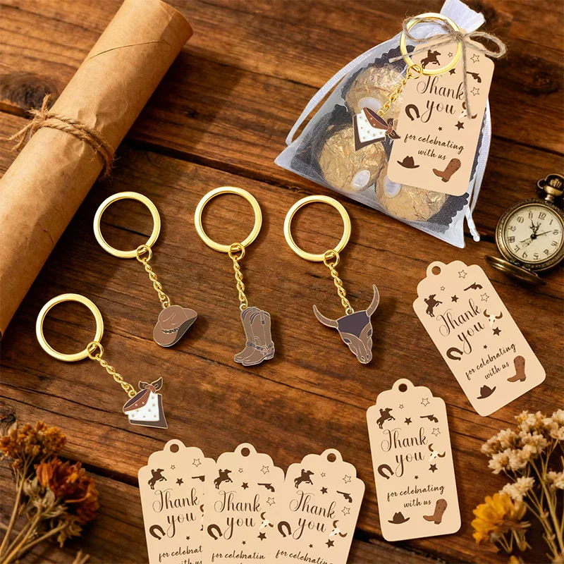 12 Sets Western Cowboy Party Favors For Guests Cowboy Boot Hat Keychain With White Organza Bags And Thank You Tags