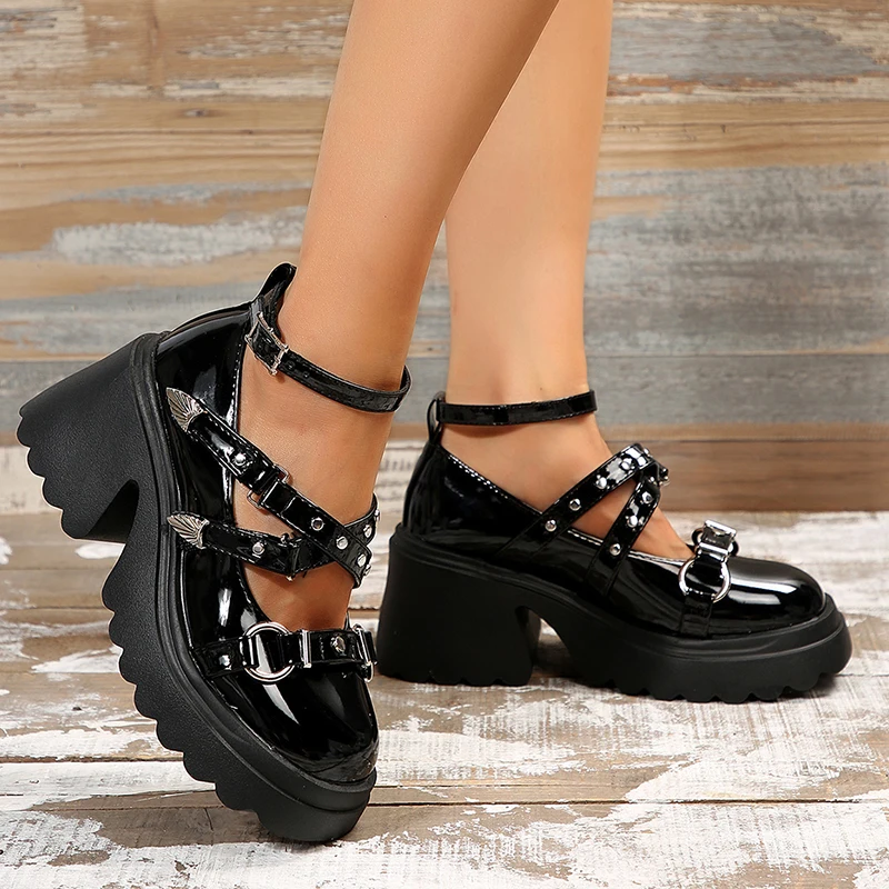 Gothic Ankle Strap Mary Jane Shoes for Women Punk Chunky Heels Platform Pumps Woman Y2K Patent Leather High Heels Cosplay Shoes