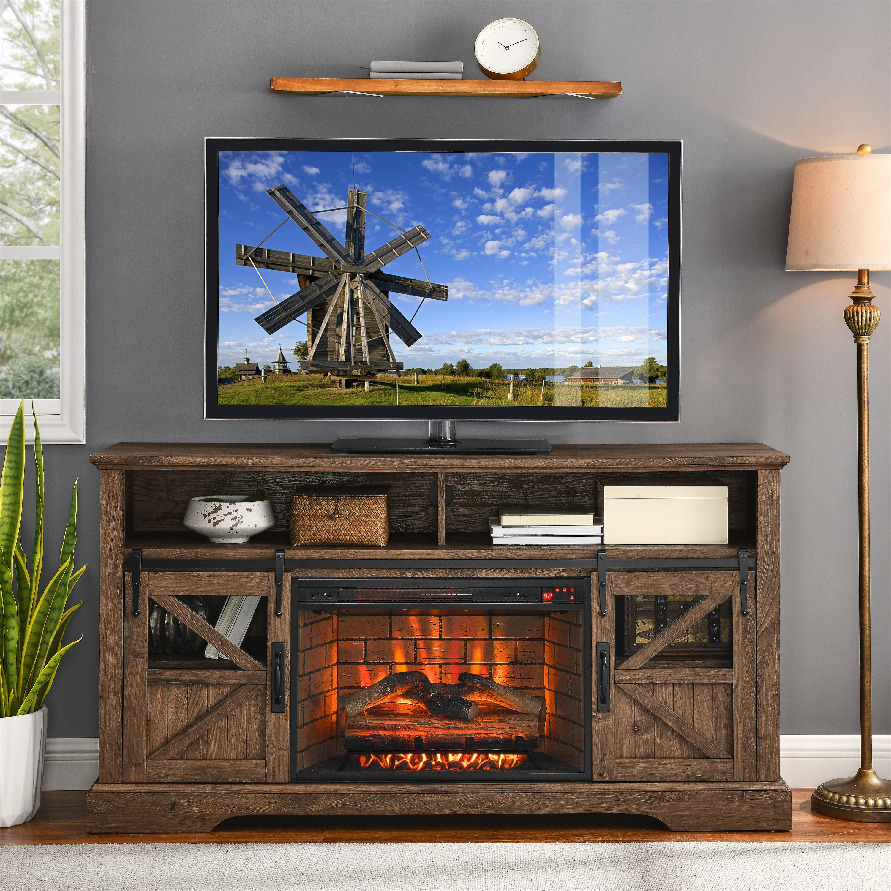 

60 Inch Entertainment Center TV Stand With Electric Fireplace&Door Sensor Reclaimed Barnwood Color / Jasmine White Color[US-W]