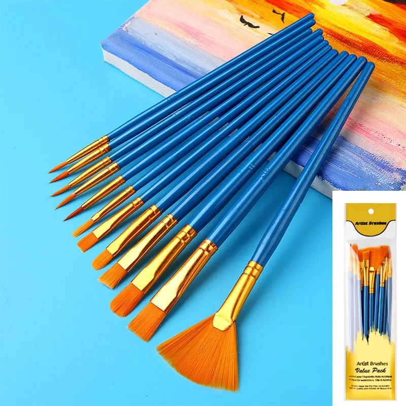 10Pcs Painting Brushes Set Art Round Flat Hair Nylon Hair Paint Brush Pen Oil Acrylic Watercolor School Art Stationery Supplies