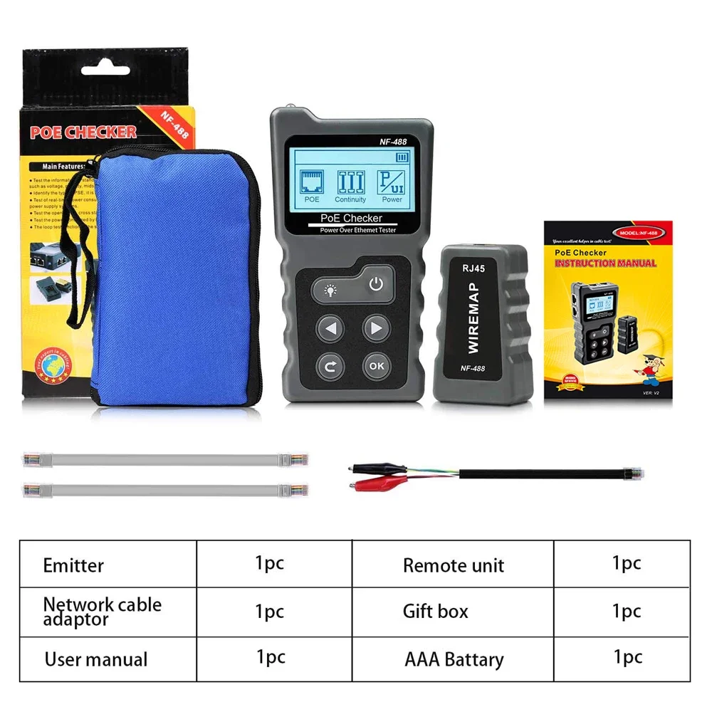 Noyafa NF-488 LCD Network Cable PoE Checker Inline Voltage Current Tester With Cable Tester Lan Tester Wire 6