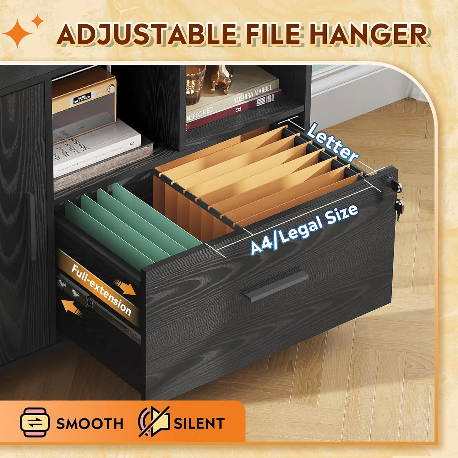 Office File Cabinet with Lock, 1-Drawer Wood Lateral Filing Cabinet on Wheels, Printer Stand with Open Storage Shelves, Black