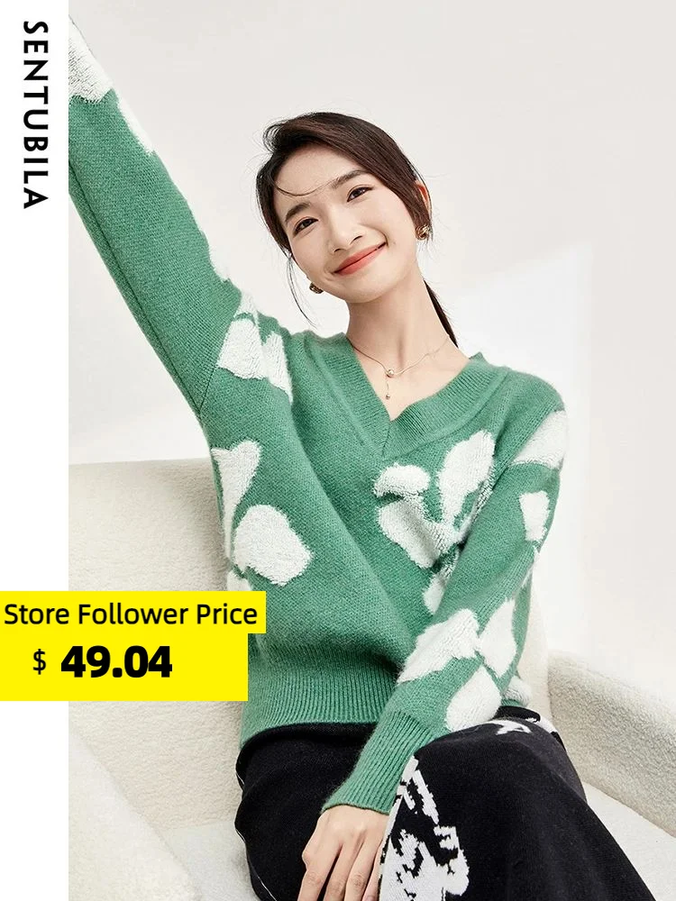 

SENTUBILA Contrast Jacquard Autumn Sweater for Women 2023 Fall Fashion V Neck Knitwears Long Drop Sleeve Loose Pullovers Jumpers