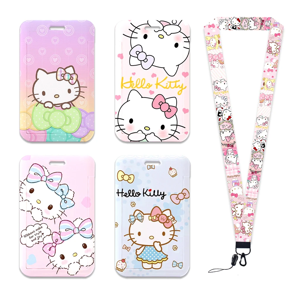 

W Sanrio Cartoons Card Holder Hello Kitty Protective Case Student Hanging Neck Rope PVC Lanyard ID Card Cover Credential Holder