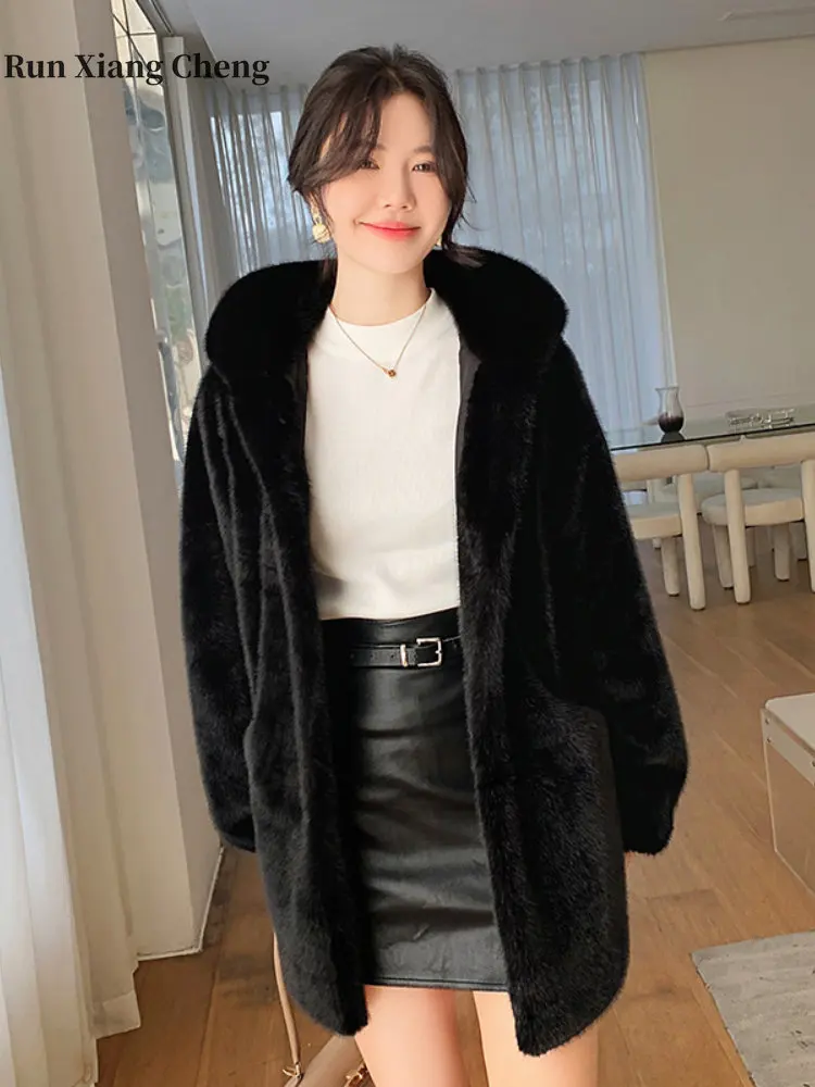 2023 Winter Thickened Mink Cashmere Mink Coat Female Medium-length Hooded Korean-style Eco-Friendly Fur Coat Women's Temperament