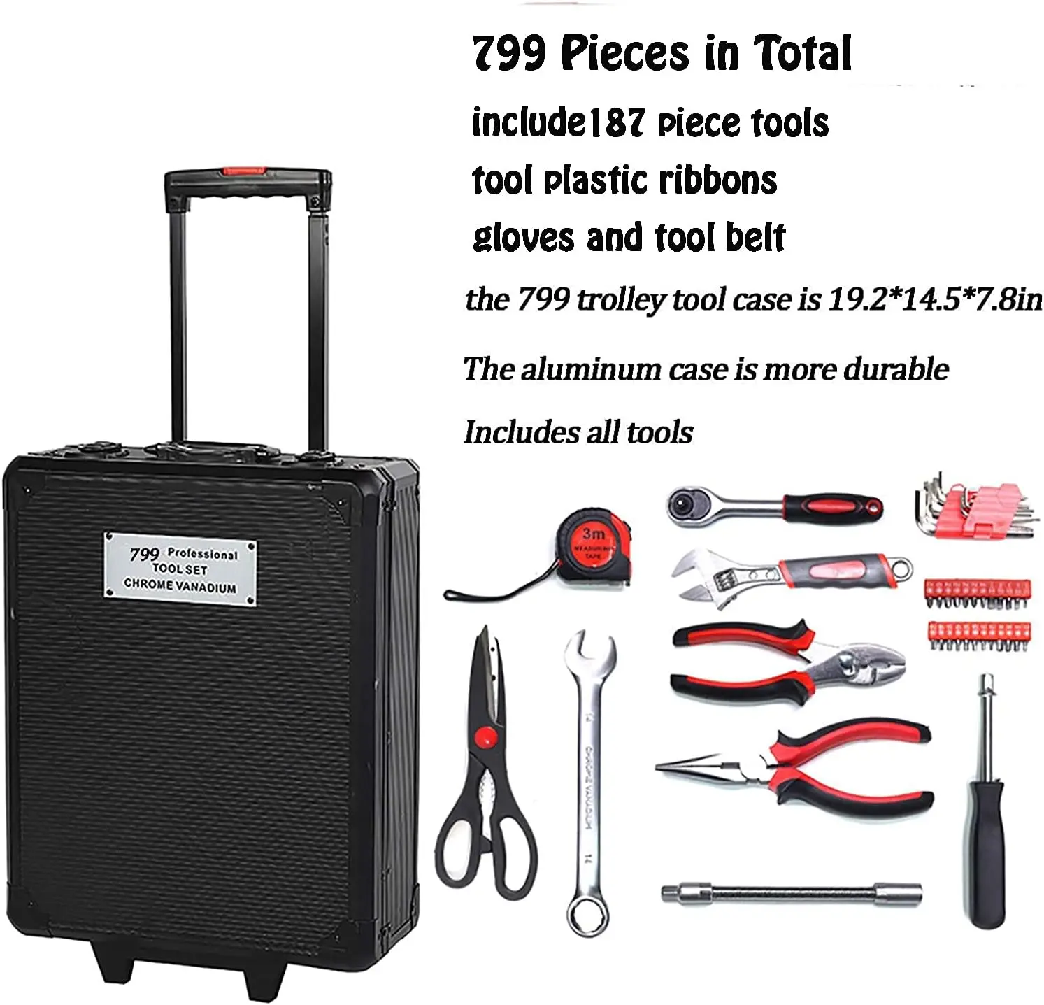 799pcs Aluminum Trolley Case Tool Set Silver, House Repair Kit Set, Household Hand Tool Set, with Tool Belt,Gift on Fat 5
