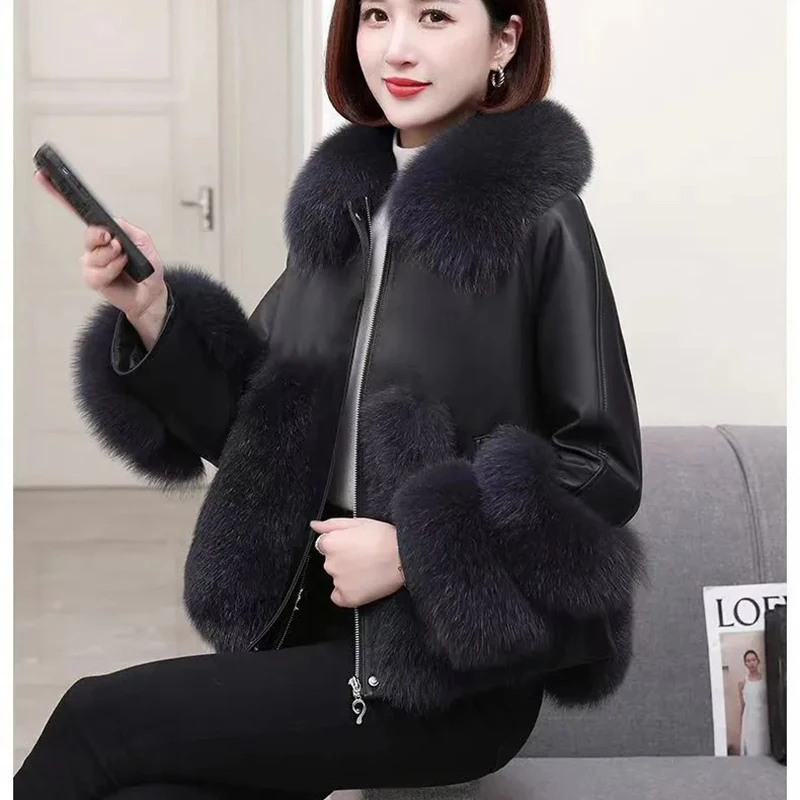 Faux Fox Fur Jacket for Women, Loose Mid-length Overcoat, PU Leather, Stitching, Warm Parka, Fashion, New, Winter, 2023