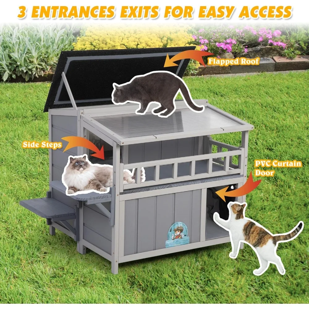 Outdoor Insulated Cat House, 2-Tier Warm Wood Cat Shelter with Sunlight Roof, Balcony, Jumping Platforms,Weatherproof, Openable