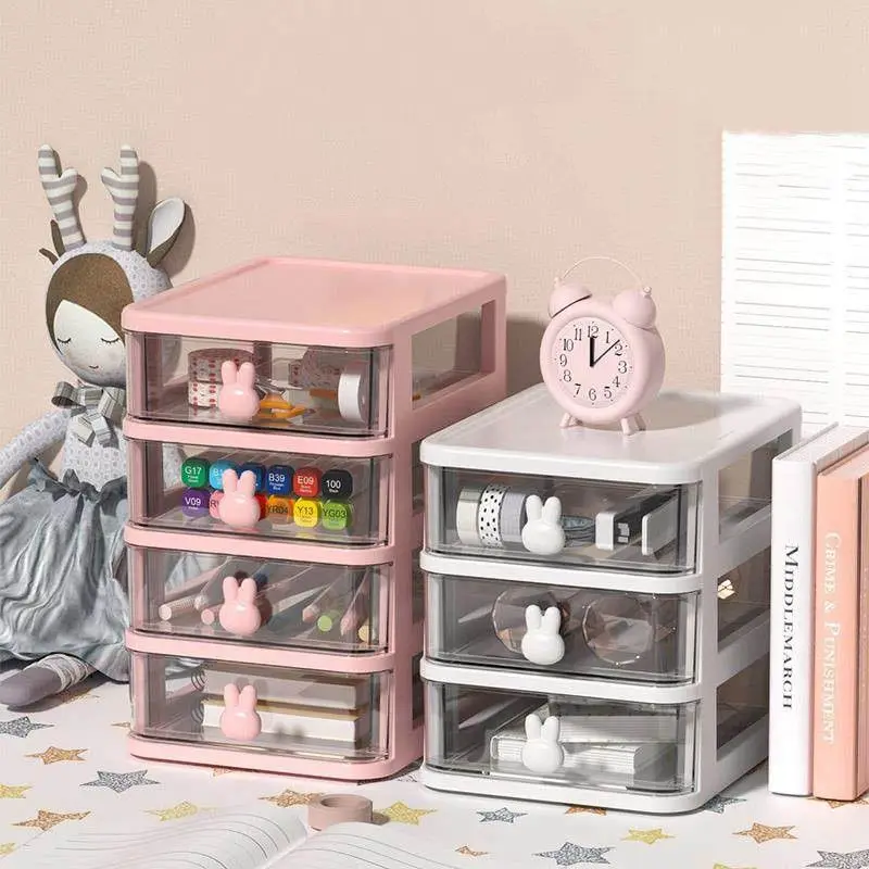 2023NEW Rabbit Kawaii Desktop Organizer Drawer Pink/White Cute Desk Storage  Box Pen Holder Stationery