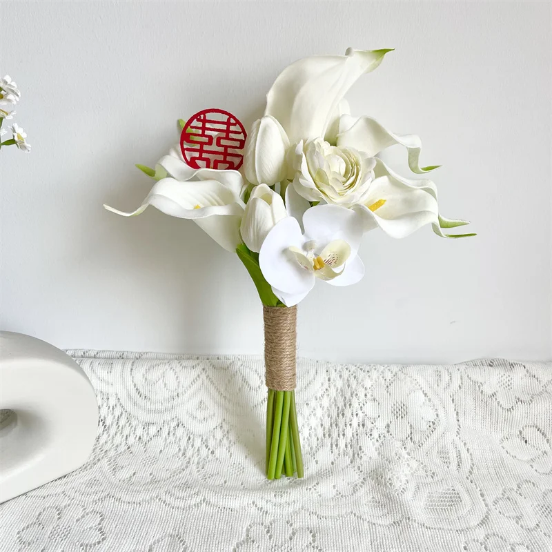 New Wedding Accessories Pure White Tulip with Callas Small Bridesmaid Bouquet for Wedding Days Ramo de boda de novia