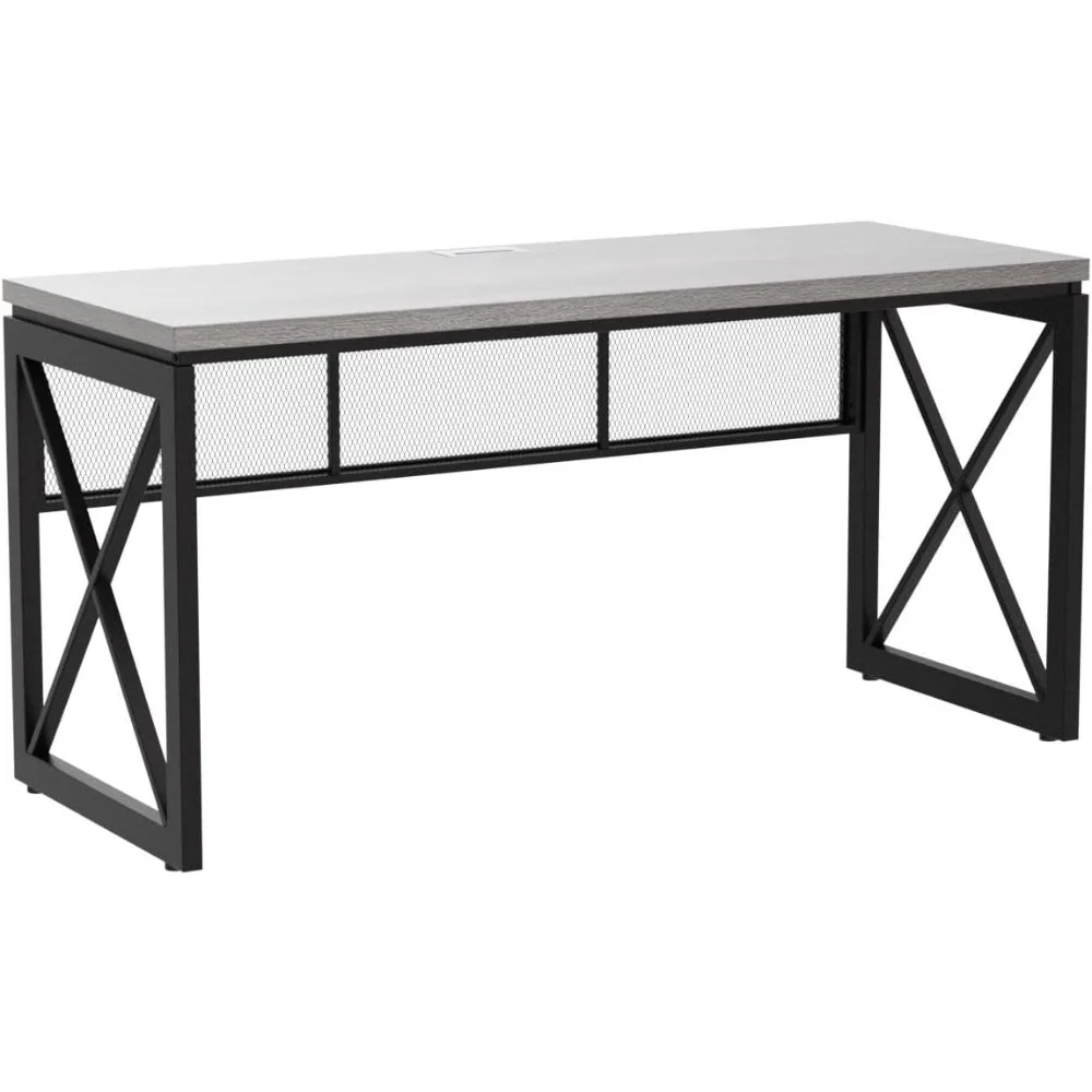 Industrial Computer Desk, Rustic Wood Desk for Home Office, Sturdy Metal Writing Work Desk (60 Inch, Dark Grey Oak)