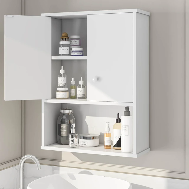 Wall Mount Bathroom Cabinet Wooden Medicine Cabinet Storage Organizer  Double Door with 2 Shelves, and Open Display Shelf, with Towel Bar