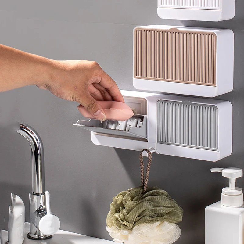 

Bathroom Wall Mounted Double Grid Non Perforated Drainage Multifunctional Soap Box Bathroom Kitchen Soap Tray Accessories