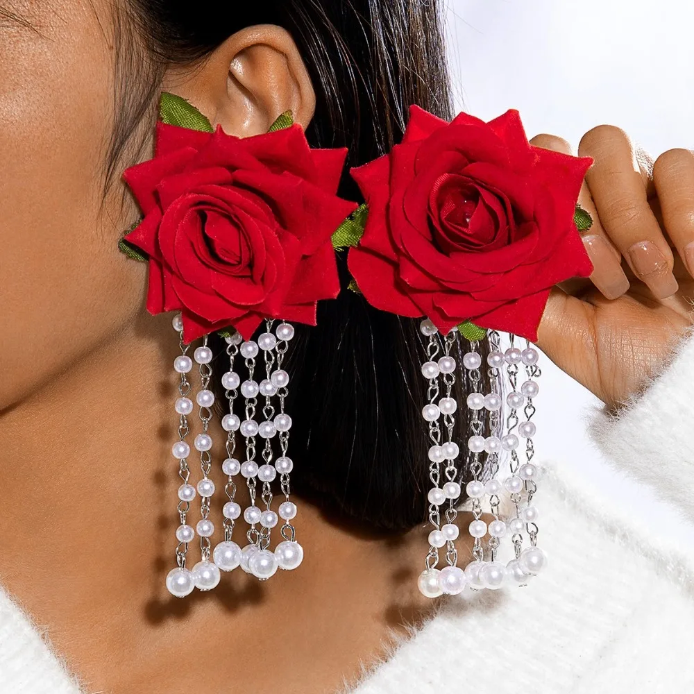 Multicolor Rose Flower Tassel Earrings for Women Party Jewelry