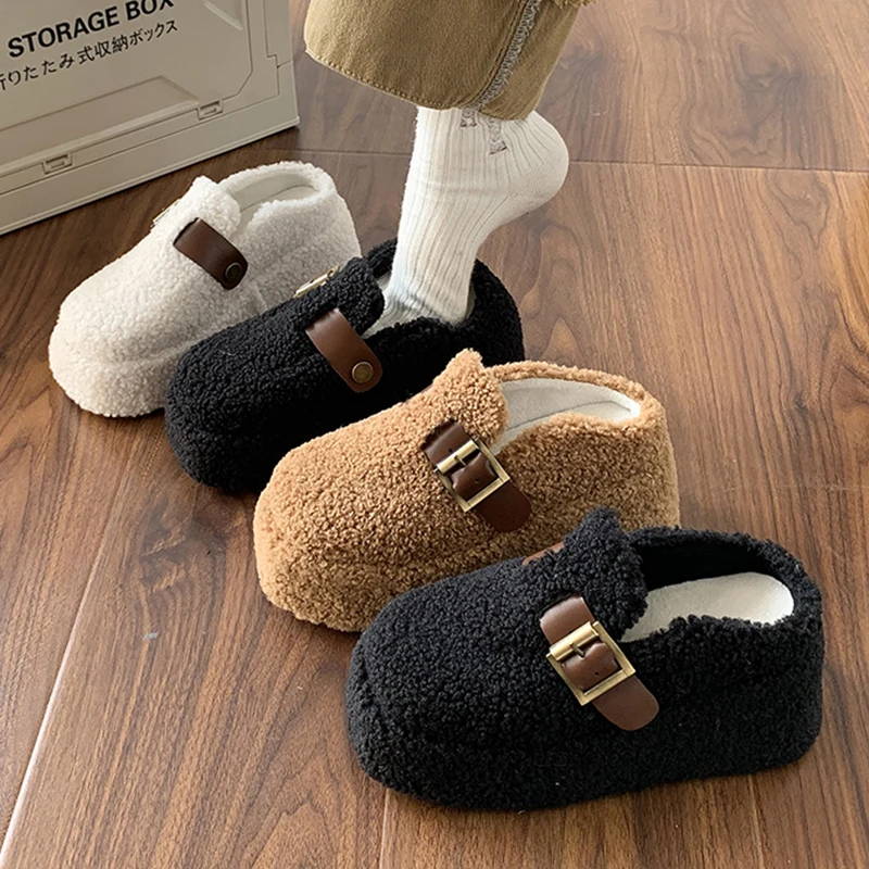 

Шлепанцы женские меховые на танкетке, Сланцы на среднем каблуке, сланцы, мюли из флока, плюшевая обувь на платформе, плоская подошва, 202