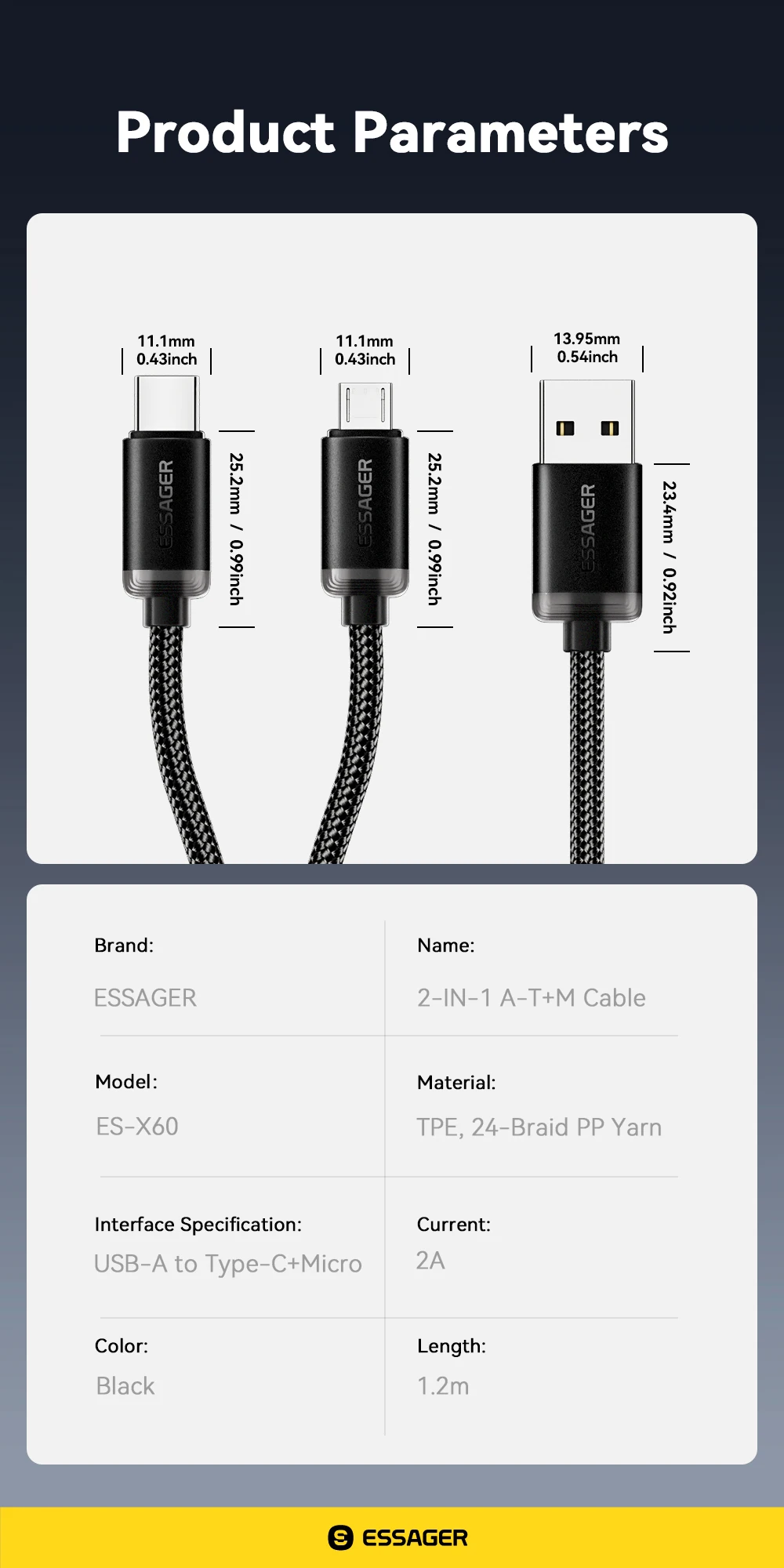 2 in 1 USB Type C Micro Cable for Xiaomi Redmi Samsung Huawei 2A Fast Charging D