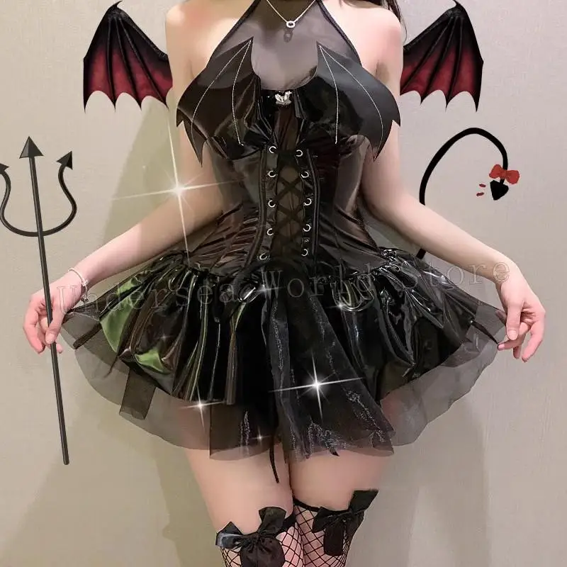 

Witch Magic Transformation Cosplay Dress Bat Demon Black Mesh Lace Up Leather Unifrom Lolita Devil Cosplay Halloween Costume