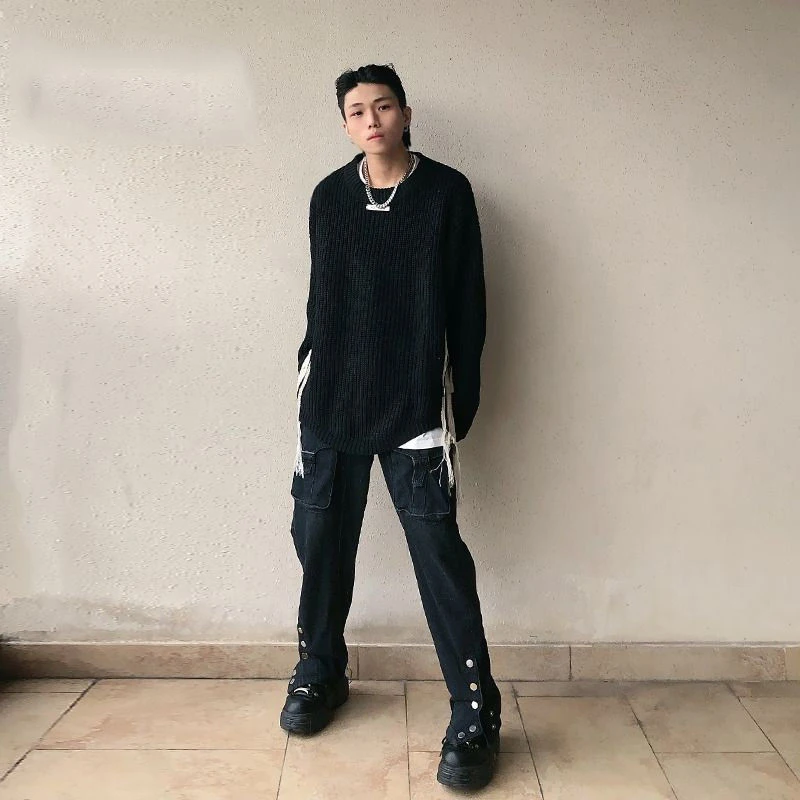 Hem Knit Hit Patchwork Autumn Winter Long Sleeve Round Neck Men Top Fashion Oversized Casual Hip Hop Clothes Japanese Streetwear