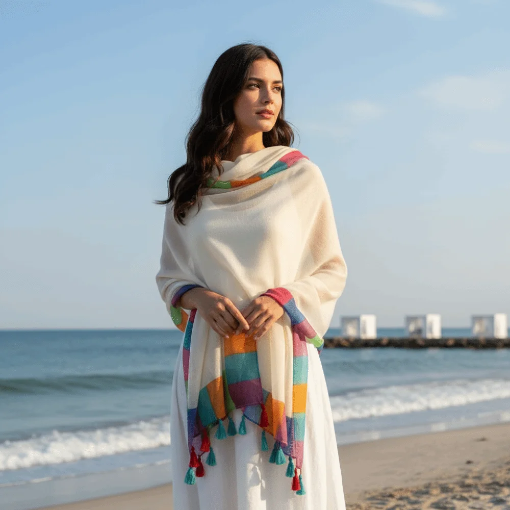 Sciarpa in Pashmina con Frange e Bordo Arcobaleno, in Lino, Color Block, Leggera, da Spiaggia, con Nappe, Traspirante, Protezione Solare, Sarong Donna - immagine 5