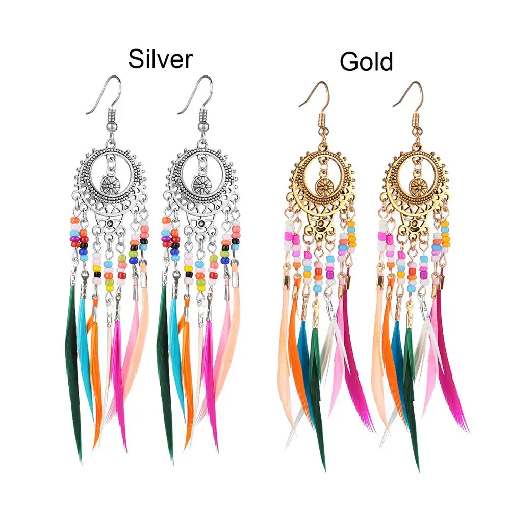 1Pair Vintage Ethnic Rainbow Beads Feather Dangle Drop Earrings for Women drop earrings dangle earrings long earrings