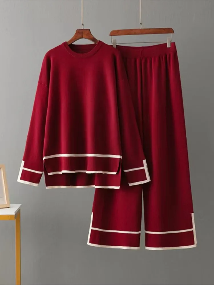 Women's two-piece set with knitted striped print for women, long sleeves, casual mode, women's blouses, wide leg, loose, Korean style, women's pants, autumn.