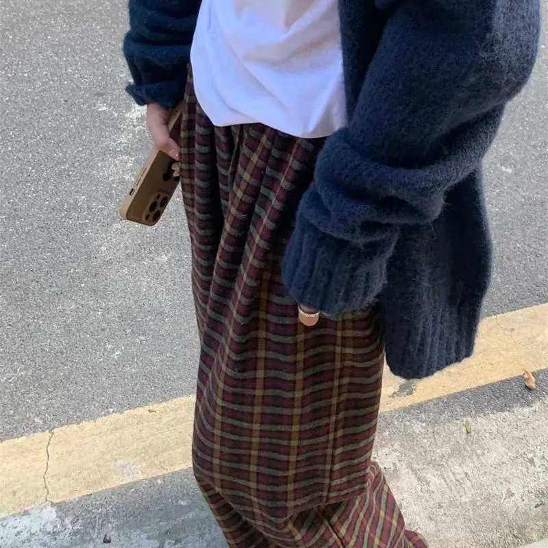 Fashion Korean street plaid wide leg pants women autumn Japanese style high waist y2k personality casual floor mopping pants