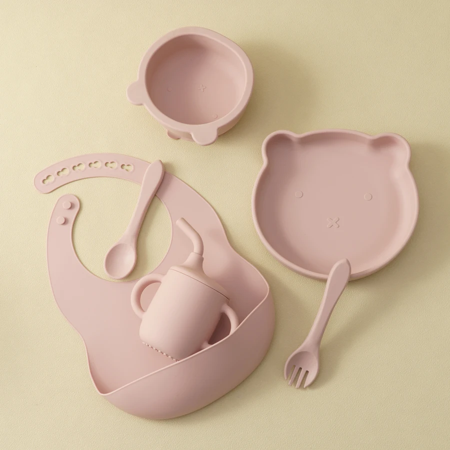 Silicone Baby Dinner Set 6PCS Adjustable Bib Cartoon Bear Shape Bowl Plate Portable Cup Soft Utensils Tableware Sets for Baby