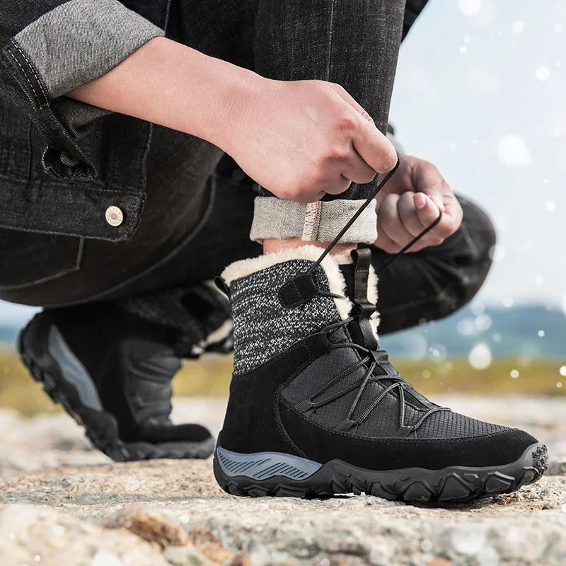 New Winter Men Snow Boots Outdoor Non-Slip Men Sneakers Plush Warm Leather Ankle Boots Winter Men Hiking Boots Large Size Shoes