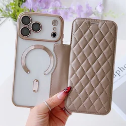 Enhanced Flip Cover Plating Clear Magnetic Fold Leather Wallet Case with Card Holder Slot - iPhone 15 Plus (Khaki)