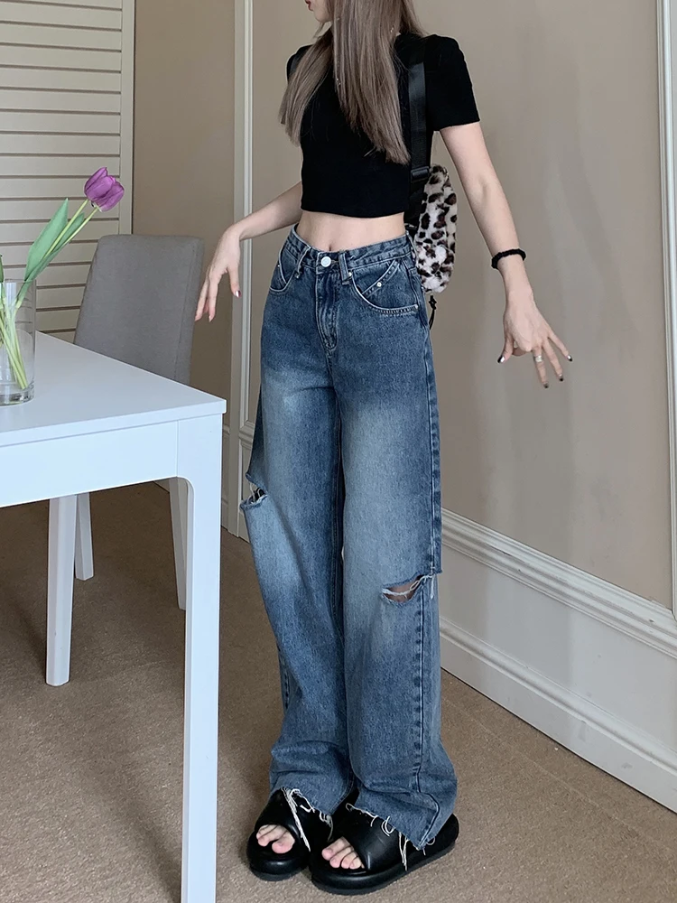 

Blue Jeans Women Wide Leg High Waist Streetwear Vintage Washed Retro Loose New All-Match Fashion Female Trousers Korean Y2k