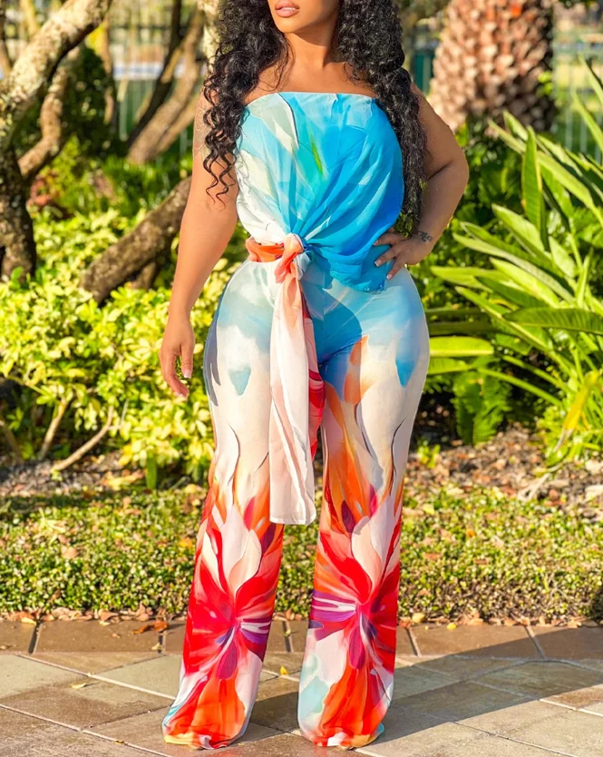 Maribel | Women’s Asymmetric Top & Printed Wide-Leg Pants Set