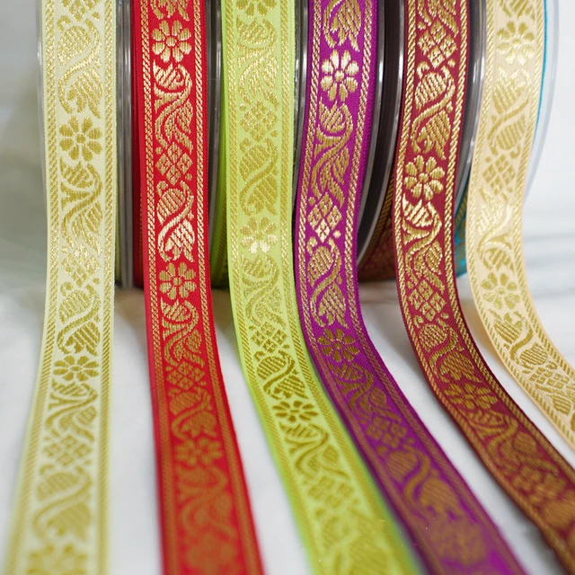 Metallic Purple/Rose Red & Gold - Embroidered Jacquard Ribbon - 1