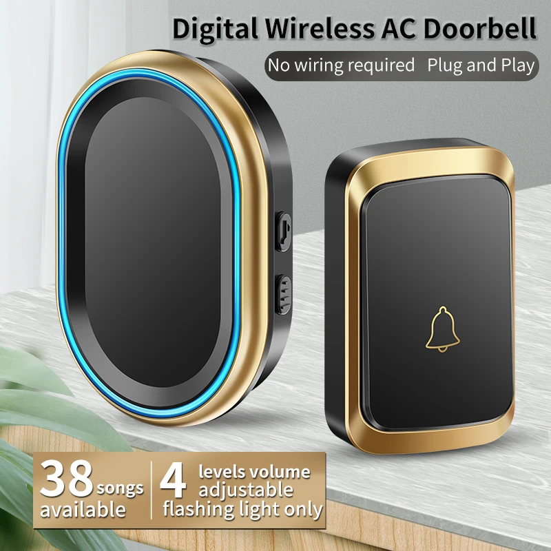 

CACAZI Waterproof Household Wireless Doorbell Button Powered By 12V23A 38 Ringtones 4 Levels of Volume Outdoor Bell UK EU US AU