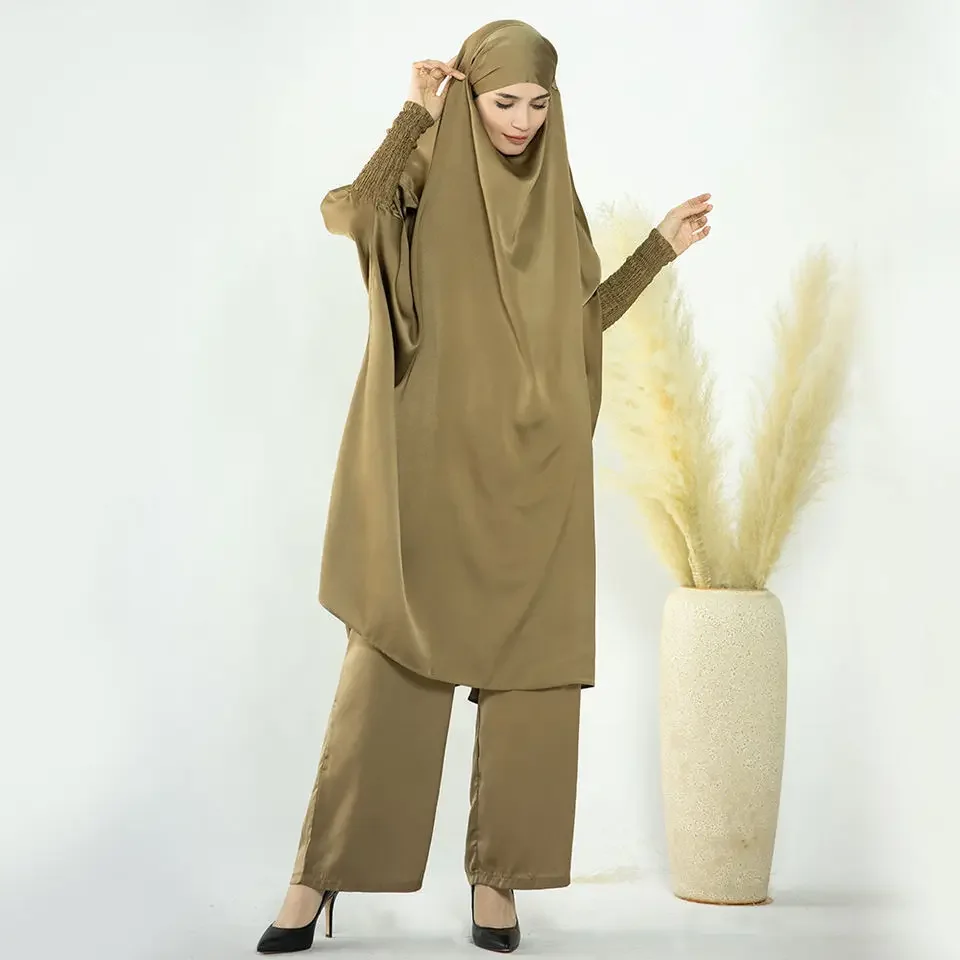 Satin Jilbab 2 Piece Set Muslim Woman Prayer Outfit Abaya Long Khimar with Pants Suit Sets Turkey Dubai Ramadan Islamic Clothing