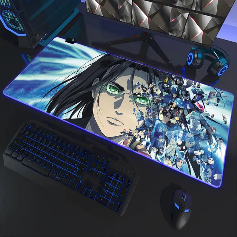 

Anime Attack on Titan RGB Led Mouse Pad Levi Yeager Eren Mikasa Hange Mousepad Computer Laptop Game Pad Accessories Desk Mat XXL