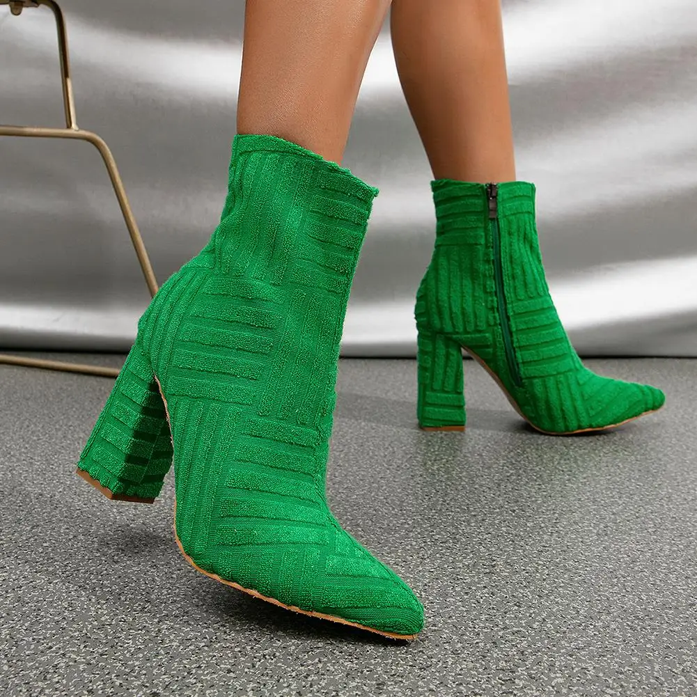 

RIBETRINI 2023 Brand New High Square Heeled Women Ankle Boots Chelsea Pointed Toed Zip Flock Spring Autumn Fashion Lady Booties