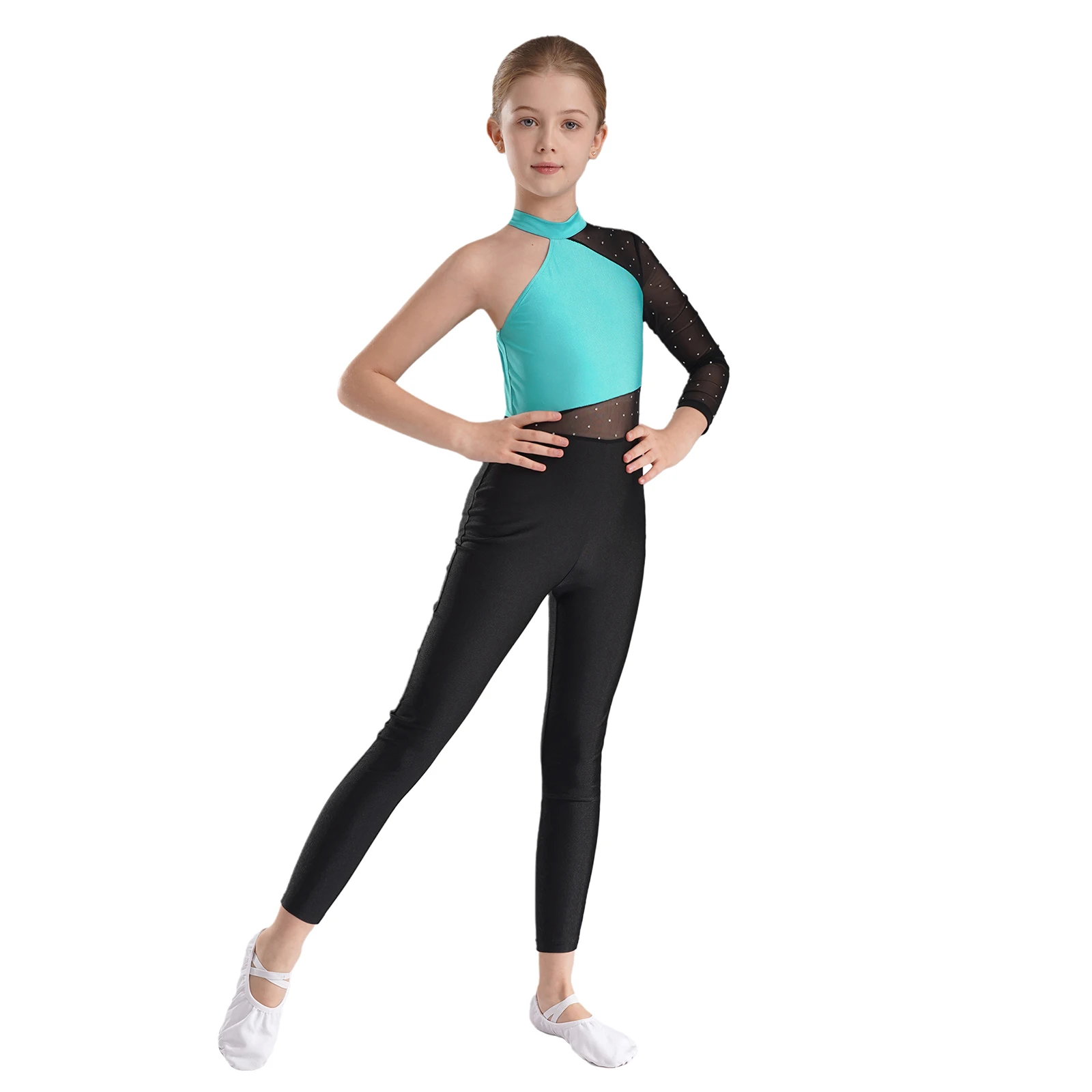 thumbnail image 1 of Traje de baile y patinaje artístico con diamantes de imitación brillantes para niñas, mono de malla transparente para gimnasia, monos de baile de Ballet, 1 of 5