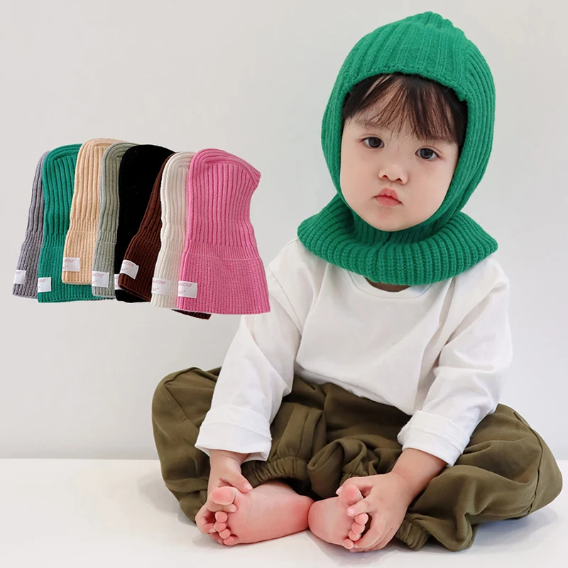2023 Baby Knitted Hat Scarf One Piece Hat With Label  Autumn Winter Children's Woolen Hat Kids Protection Ear Neck Warmth Cap